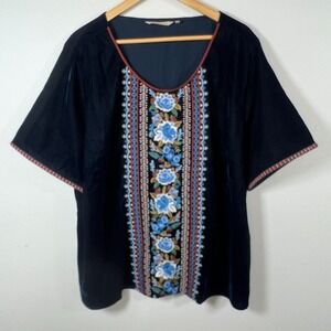 Soft Surroundings Womens Velvet Top Sz 3X Blue Embroidered Floral Short Sleeve